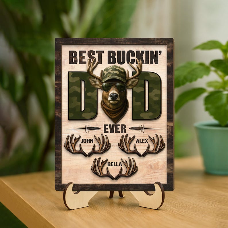 Personalized Best Buckin' Dad Ever 2-Layered Wooden Plaque, Custom Kid's Name Hunting Sign, Fathers Day Gift, Gift for Dad, Hunting Dad Gift