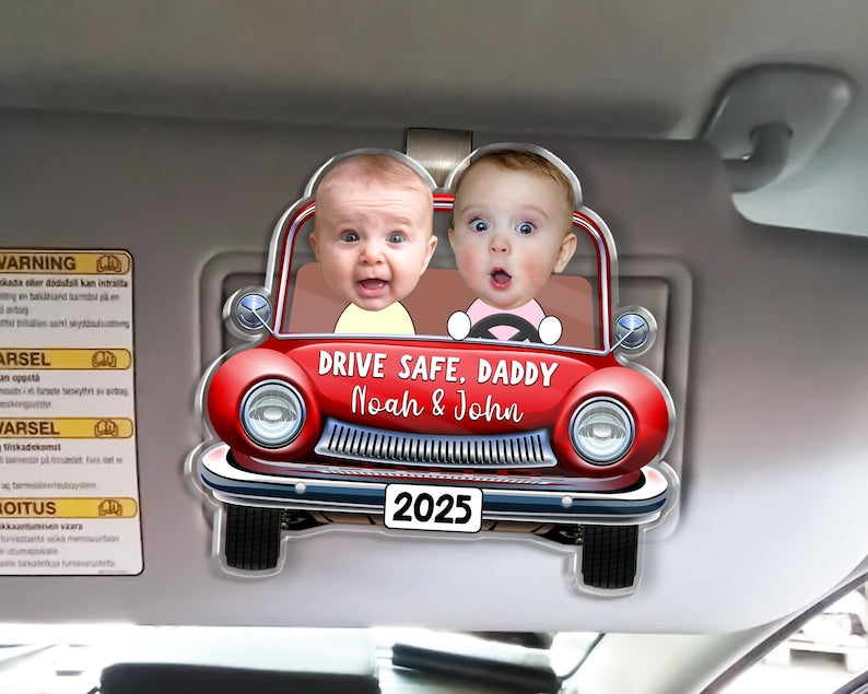 Funny Father's Day Gift, Custom Photo Dad Car Visor Clip, Drive Safe Daddy Gift, Vintage Car Baby Face Visor Clip, Kid Face Toy Car, New Dad