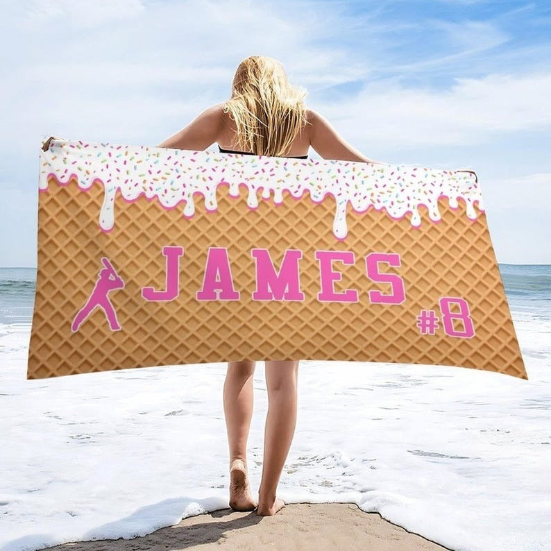 Trip Beach Towel with name Youth Baseball Gift,Ice Cream Drip Baseball Beach Towel For Boys bachelor party shower,Pool party,Team Gift birth
