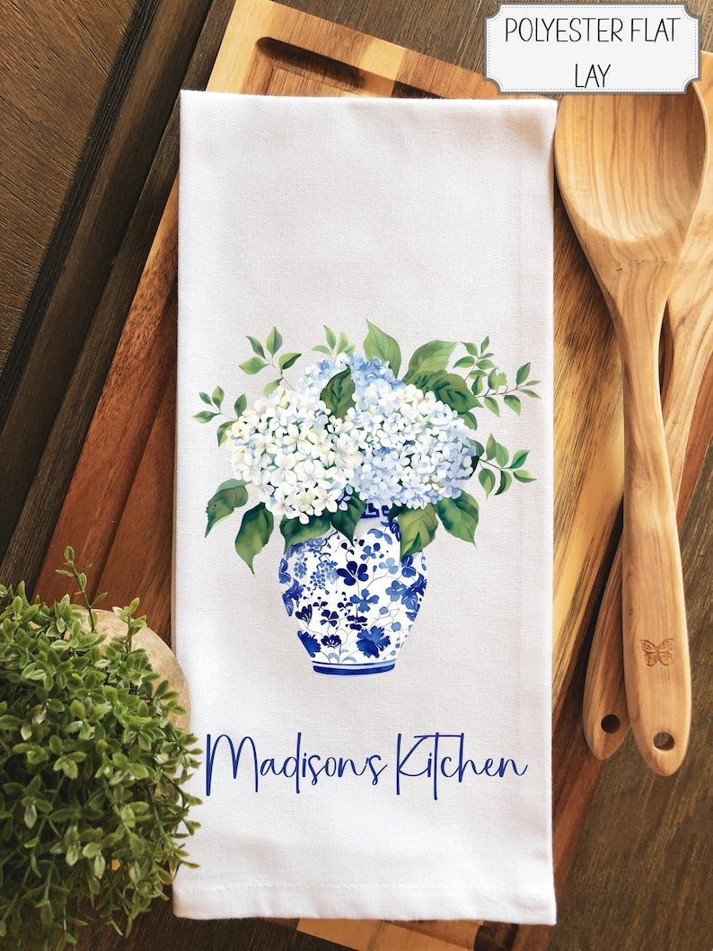 Personalized Hydrangeas In Blue Chinoiserie Vase Tea Dish Hand Kitchen Towel, Floral Kitchen Towel Decor Gift, Hostess Housewarming Gift