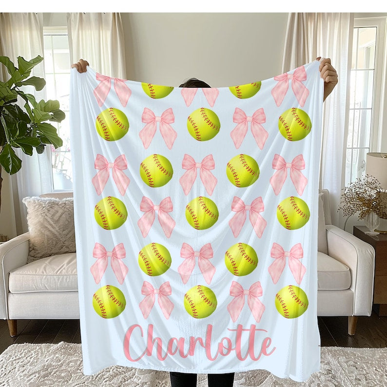 Softball and Bows Blanket, Personalized Team Gift