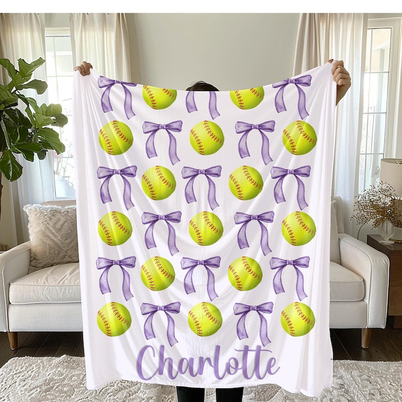 Softball and Bows Blanket, Personalized Team Gift
