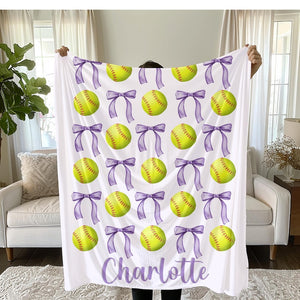 Softball and Bows Blanket, Personalized Team Gift