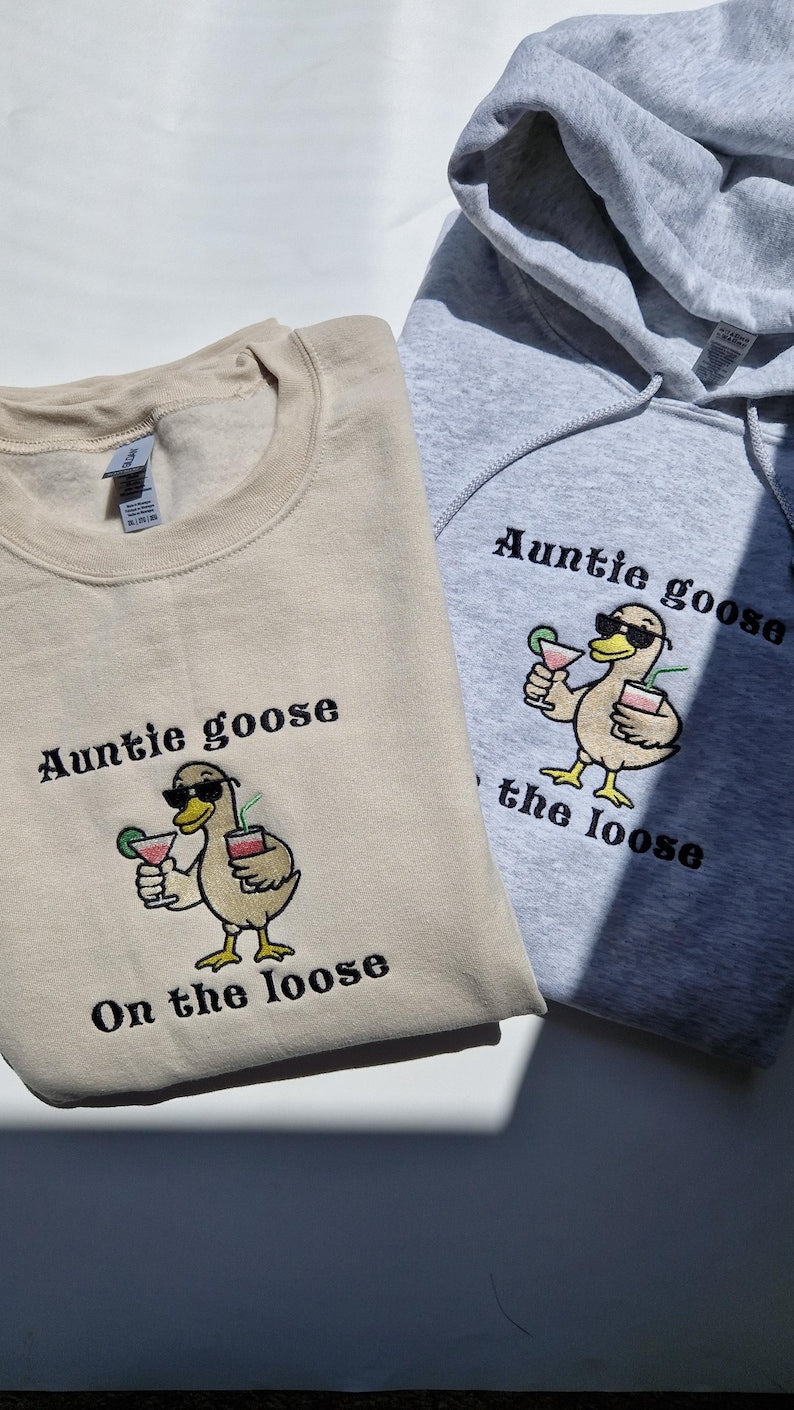 Funny Auntie Hoodie Auntie Goose On the Loose Embroidered Goose Sweatshirt Cool Aunt Gift Funny Brunch Shirt Quirky Aunt Outfit il_794xN.6905877034_dozc.jpg