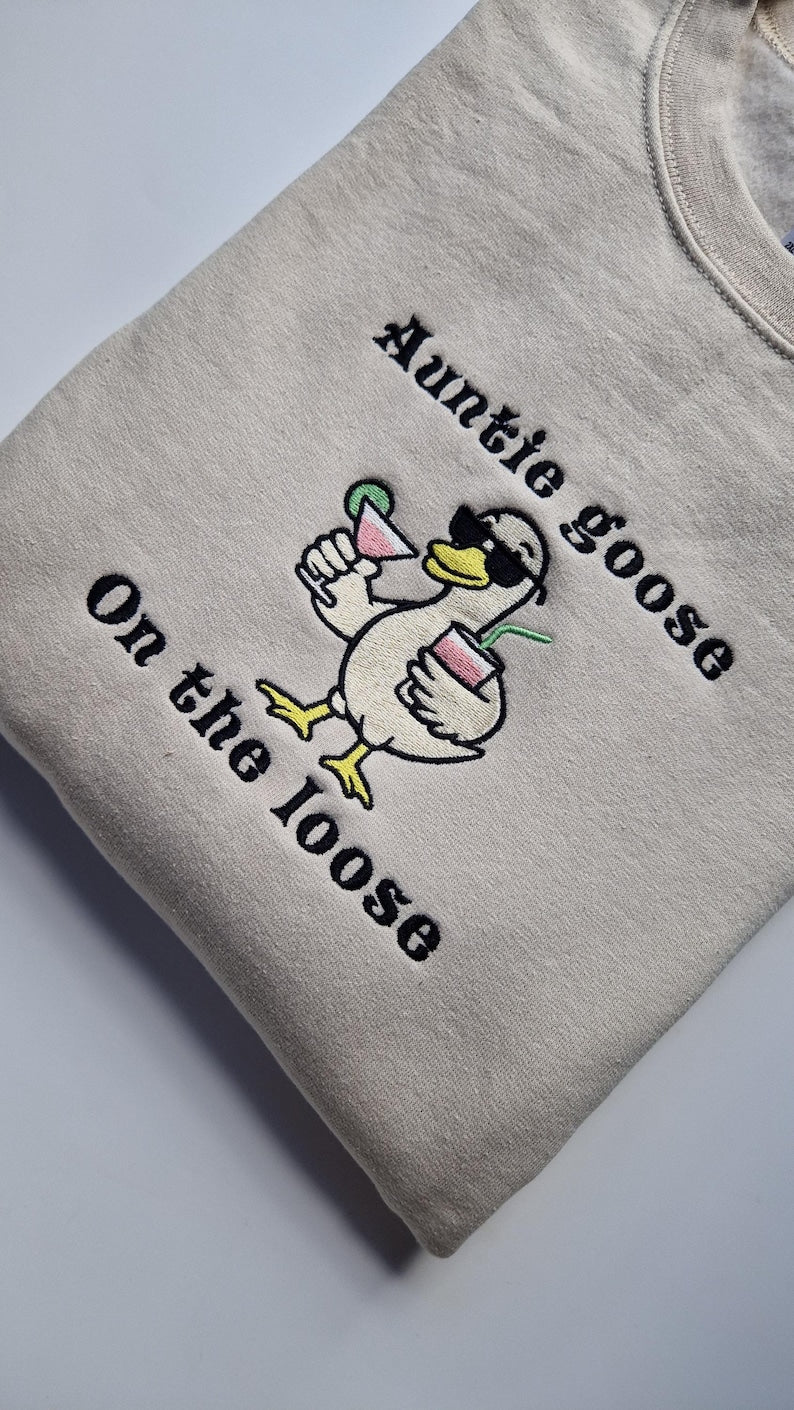 Funny Auntie Hoodie Auntie Goose On the Loose Embroidered Goose Sweatshirt Cool Aunt Gift Funny Brunch Shirt Quirky Aunt Outfit il_794xN.6905877052_9hgd.jpg