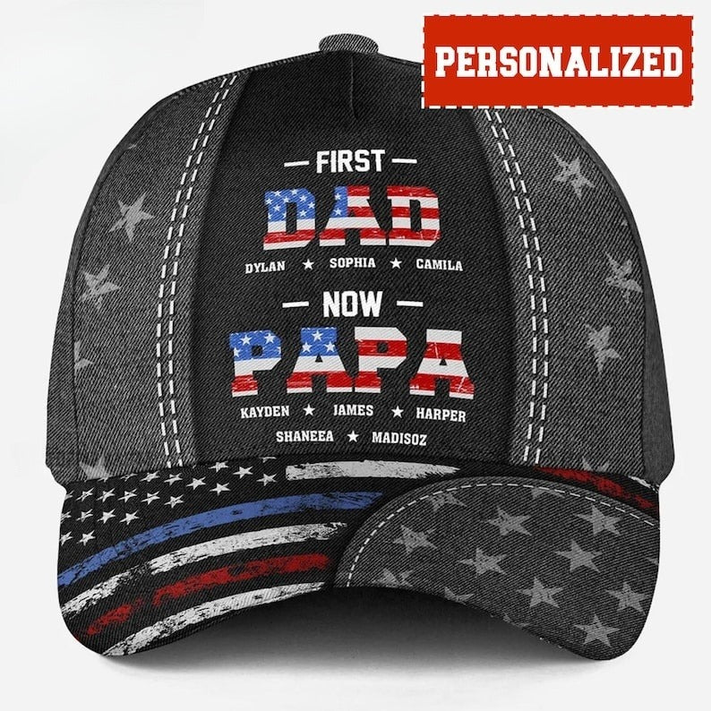 First Dad Now Grandpa - Personalized Baseball Cap for Him, Custom Kid Name Patriotic Classic Cap, Father's Day, Custom Adjustable Cap
