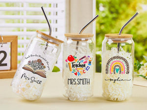 Custom Teacher Tumbler, Personalized Teacher Tumbler with Lid and Straw, Teacher Glass Tumbler, Teacher Appreciation Gifts, Iced Coffee Cup