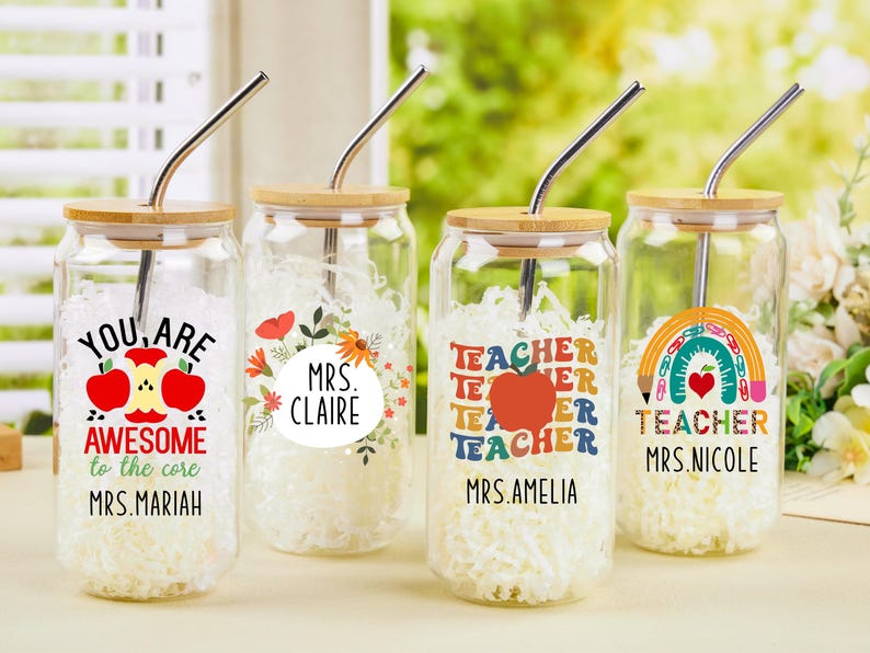 Custom Teacher Tumbler, Personalized Teacher Tumbler with Lid and Straw, Teacher Glass Tumbler, Teacher Appreciation Gifts, Iced Coffee Cup