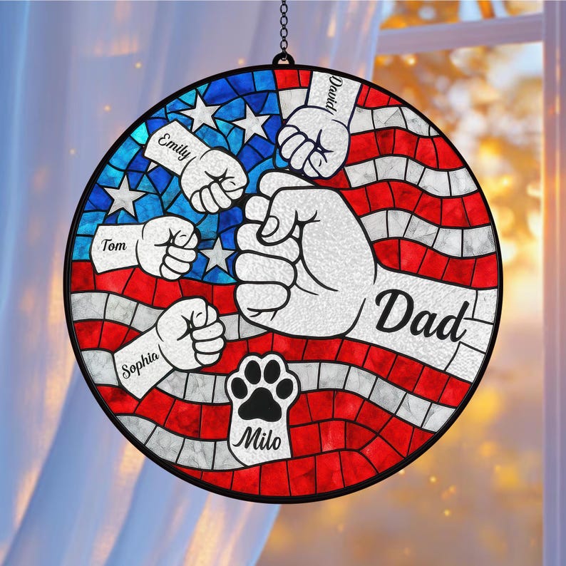 Custom Fist Bump Dad Suncatcher Stained Glass, Custom Dad With Kids Names, New Dad Gift, Custom Name Dad Glass Suncatcher, Fathers Day Gift