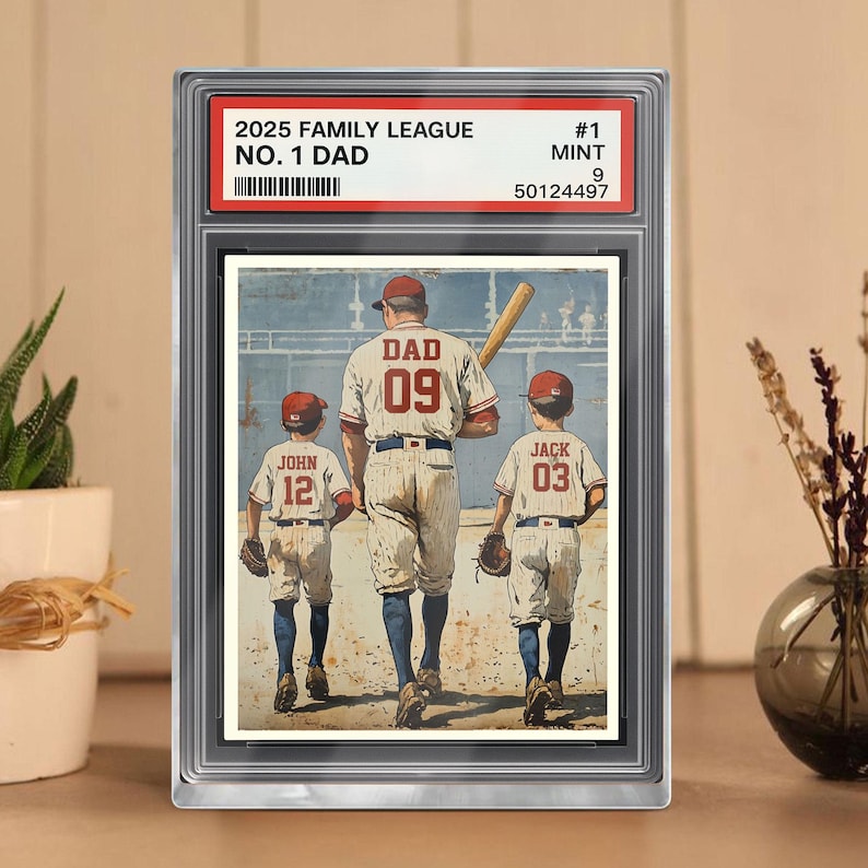 Baseball No. 1 Dad Man And Kids Trading Card Style Personalized Acrylic Block, Dad Plaque, Father's Day Gift for Baseball Dad, Husband