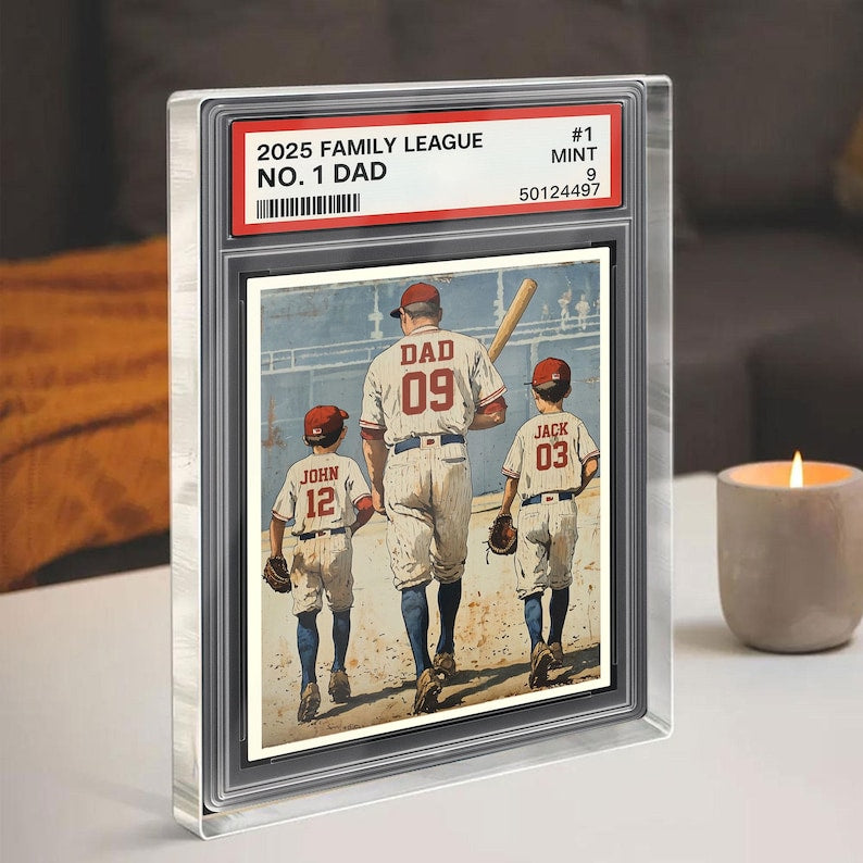 Baseball No. 1 Dad Man And Kids Trading Card Style Personalized Acrylic Block, Dad Plaque, Father's Day Gift for Baseball Dad, Husband