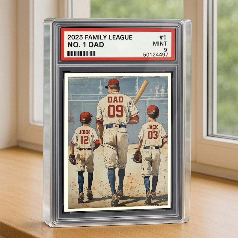 Baseball No. 1 Dad Man And Kids Trading Card Style Personalized Acrylic Block, Dad Plaque, Father's Day Gift for Baseball Dad, Husband