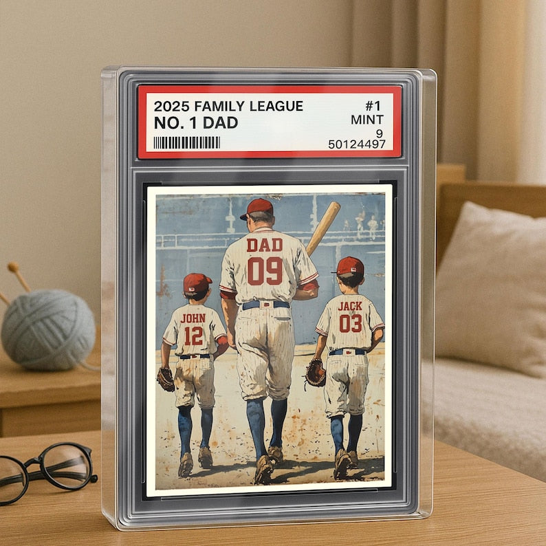 Baseball No. 1 Dad Man And Kids Trading Card Style Personalized Acrylic Block, Dad Plaque, Father's Day Gift for Baseball Dad, Husband