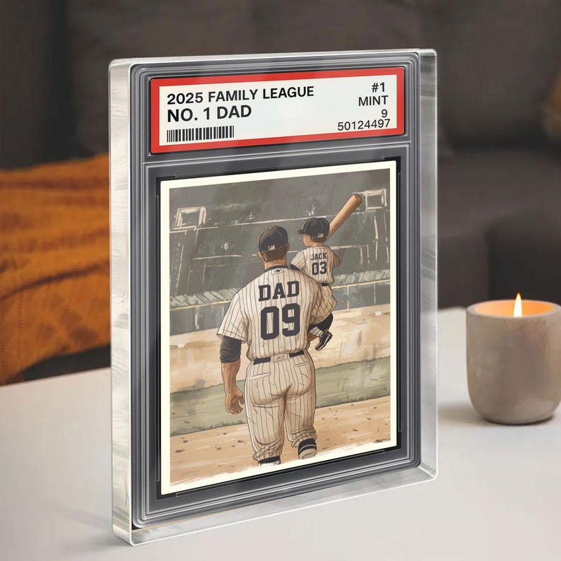 Baseball No. 1 Dad Man And Kids Trading Card Style Personalized Acrylic Block, Dad Plaque, Father's Day Gift for Baseball Husband, Dad