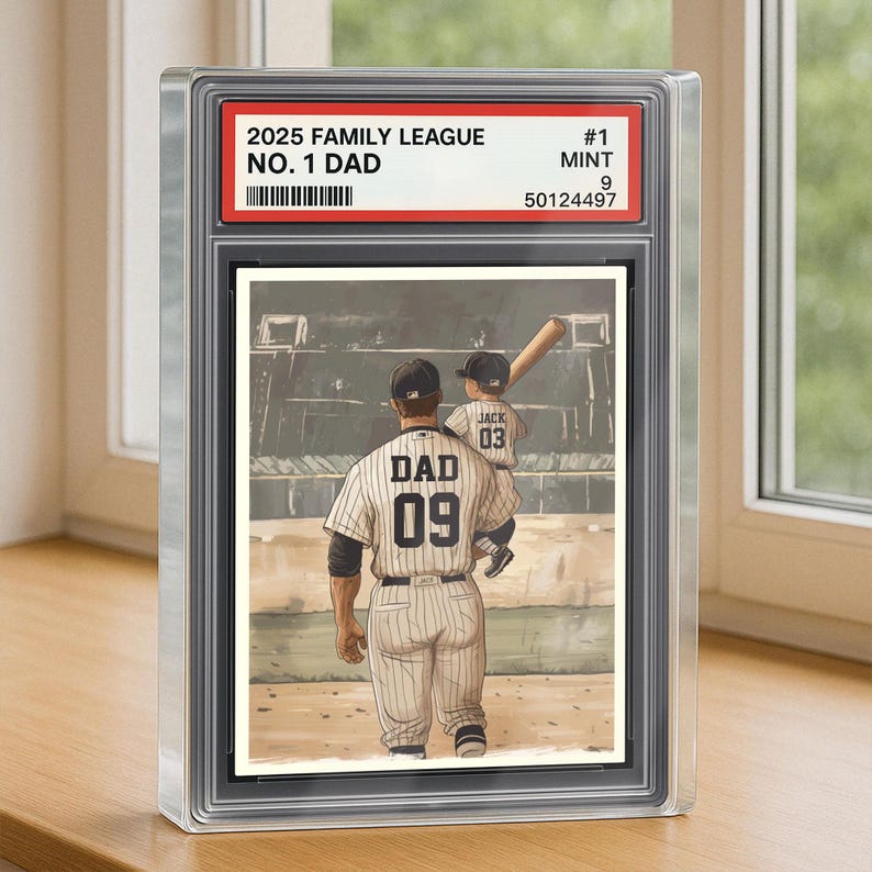Baseball No. 1 Dad Man And Kids Trading Card Style Personalized Acrylic Block, Dad Plaque, Father's Day Gift for Baseball Husband, Dad