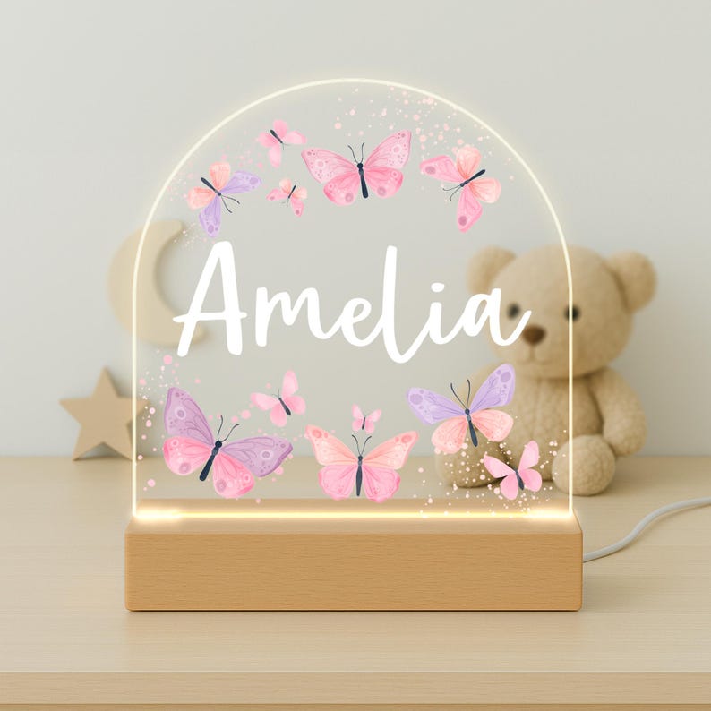 Personalised LED Nursery Lamp, Kids Night Light Gift, Butterfly Light, Baby Girl Light, Birthday Gifts for Kids, Kids Bedroom Nursery Light