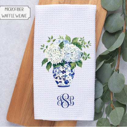 Personalized Hydrangeas In Blue Chinoiserie Vase Tea Dish Hand Kitchen Towel, Floral Kitchen Towel Decor Gift, Hostess Housewarming Gift