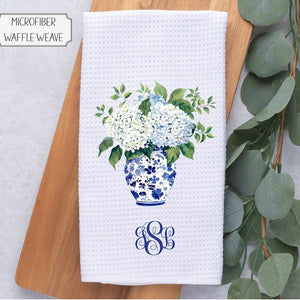 Personalized Hydrangeas In Blue Chinoiserie Vase Tea Dish Hand Kitchen Towel, Floral Kitchen Towel Decor Gift, Hostess Housewarming Gift