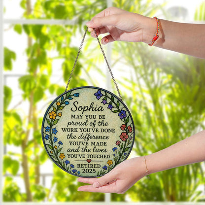 Personalized Retirement Suncatcher Gift for Women, Custom Glass Plaque for Teacher Nurse Coworker, Retired 2025 Keepsake Decor