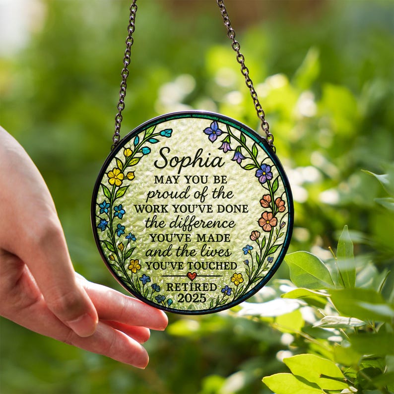 Personalized Retirement Suncatcher Gift for Women, Custom Glass Plaque for Teacher Nurse Coworker, Retired 2025 Keepsake Decor