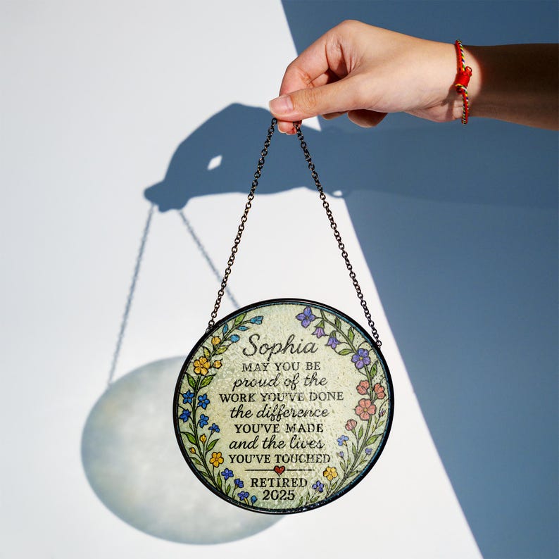 Personalized Retirement Suncatcher Gift for Women, Custom Glass Plaque for Teacher Nurse Coworker, Retired 2025 Keepsake Decor
