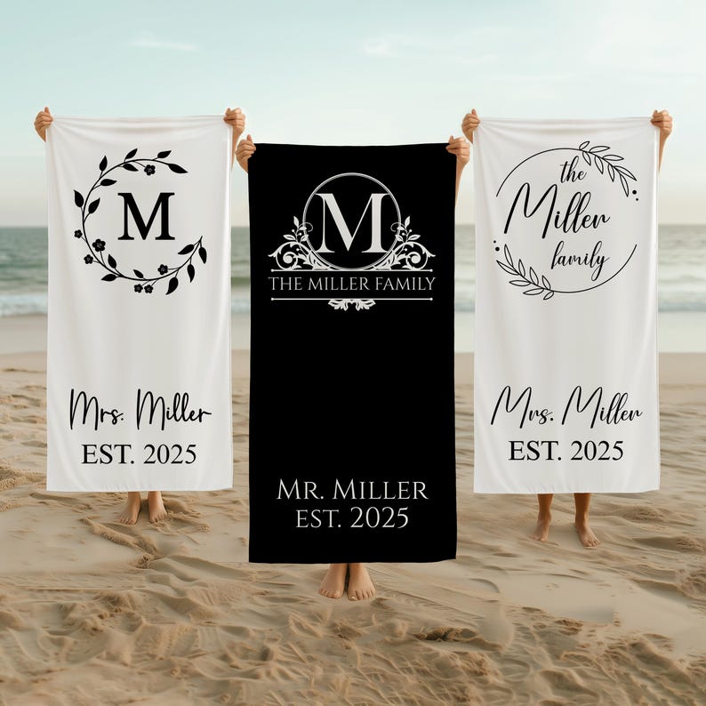 Beach Towel Monogram Couple, Mr and Mrs Beach Towel Custom Wedding, Husband and Wife Beach Towel for Bride and Groom, Newly Wed Beach Towels