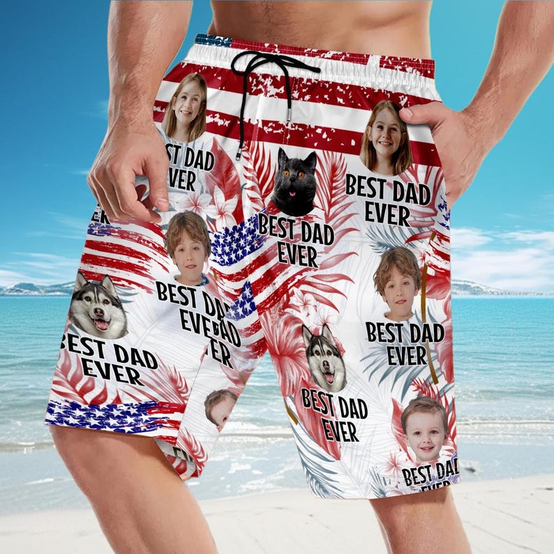 Custom Photo I Love My Dad Shorts - Funny Gift for Dog Dad, Cat Dad, Pet Lover, Personalized Unisex Beach Trunks, Father s Day Swimwear