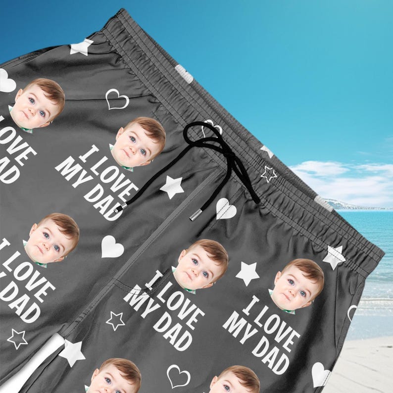 Custom Photo I Love My Dad Shorts - Funny Gift for Dog Dad, Cat Dad, Pet Lover, Personalized Unisex Beach Trunks, Father s Day Swimwear