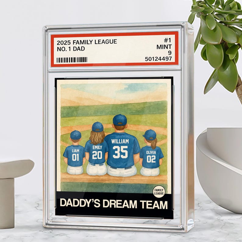 Baseball No. 1 Dad Man And Kids Trading Card Style Personalized Acrylic Block, Father's Day Gift For Husband, Dad, Daddy's Dream Team Plaque