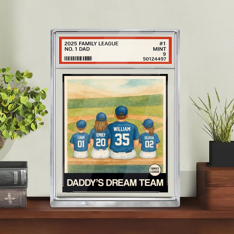 Baseball No. 1 Dad Man And Kids Trading Card Style Personalized Acrylic Block, Father's Day Gift For Husband, Dad, Daddy's Dream Team Plaque