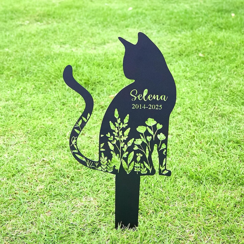 Personalized Metal Cat Grave Marker, Custom Cat Memorial Stake with Flowers, Cat Garden Decor, Custom Kitty Name Metal, Outdoor Yard Art
