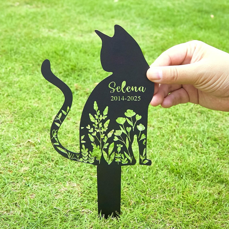 Personalized Metal Cat Grave Marker, Custom Cat Memorial Stake with Flowers, Cat Garden Decor, Custom Kitty Name Metal, Outdoor Yard Art