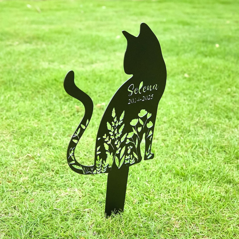 Personalized Metal Cat Grave Marker, Custom Cat Memorial Stake with Flowers, Cat Garden Decor, Custom Kitty Name Metal, Outdoor Yard Art