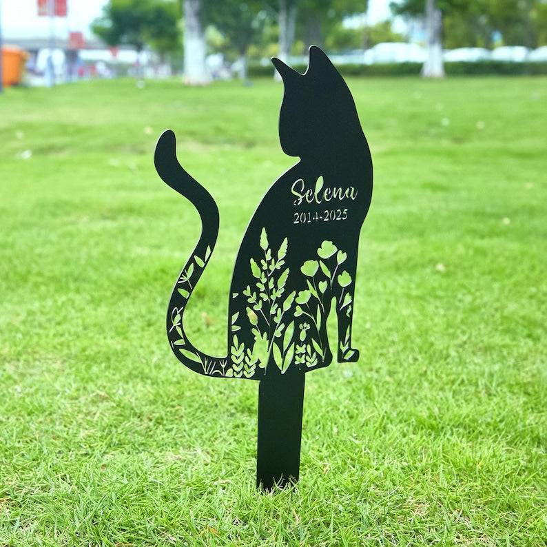 Personalized Metal Cat Grave Marker, Custom Cat Memorial Stake with Flowers, Cat Garden Decor, Custom Kitty Name Metal, Outdoor Yard Art