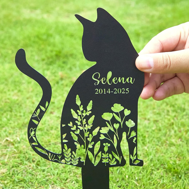 Personalized Metal Cat Grave Marker, Custom Cat Memorial Stake with Flowers, Cat Garden Decor, Custom Kitty Name Metal, Outdoor Yard Art