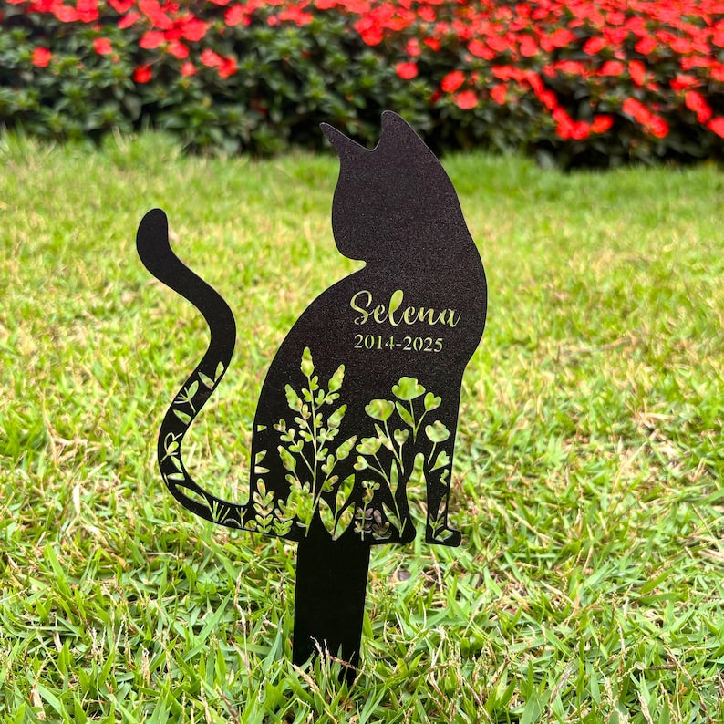 Personalized Metal Cat Grave Marker, Custom Cat Memorial Stake with Flowers, Cat Garden Decor, Custom Kitty Name Metal, Outdoor Yard Art