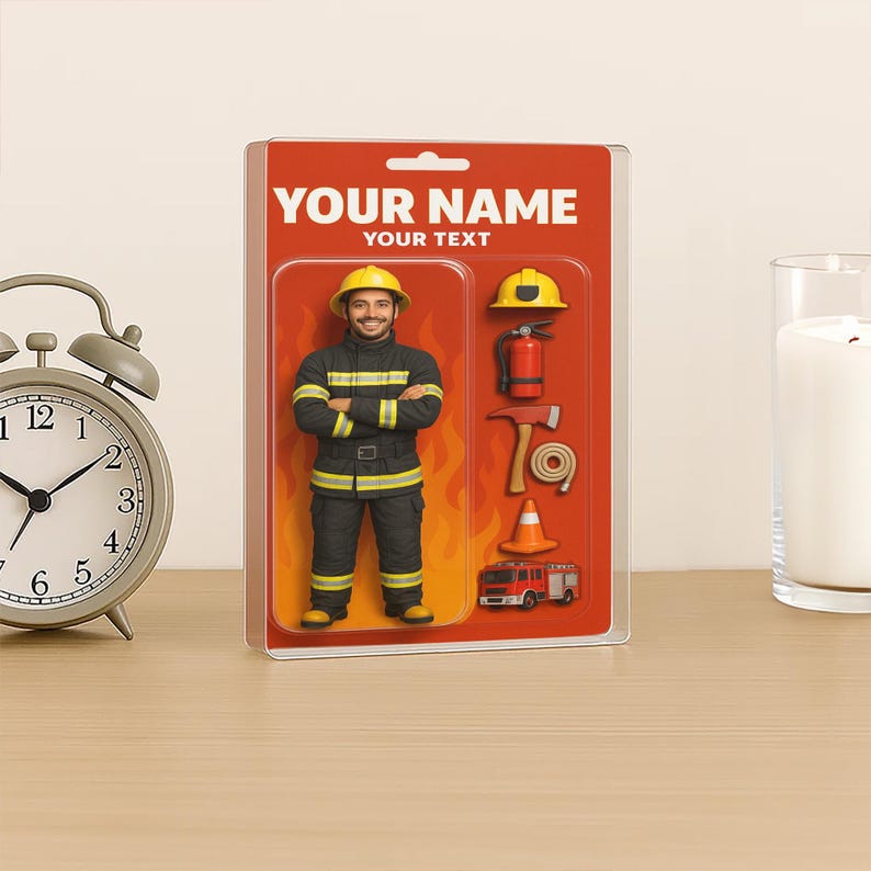 Personalized Fireman Acrylic Block Gift with custom photo - Custom Action Figure Plaque for Dad, Husband, or Hero - Unique Firefighter Gift