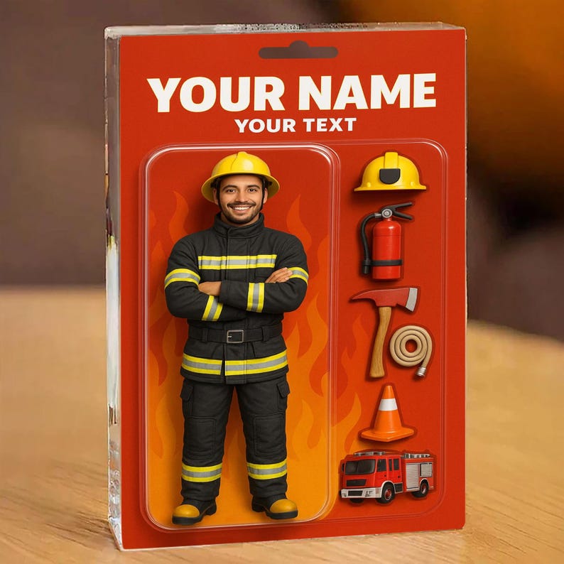 Personalized Fireman Acrylic Block Gift with custom photo - Custom Action Figure Plaque for Dad, Husband, or Hero - Unique Firefighter Gift
