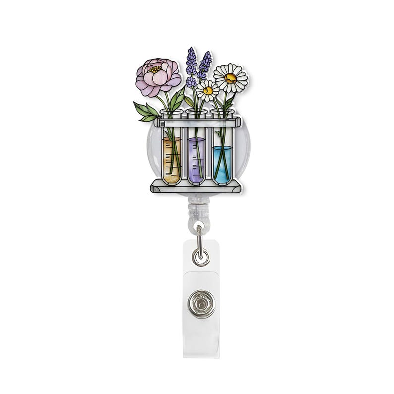 Floral Science Badge Reel, Test Tube Flowers Retractable ID Holder, Botanical Lab Tech Gift, Nurse Doctor Student Badge Clip, Spring Flowers