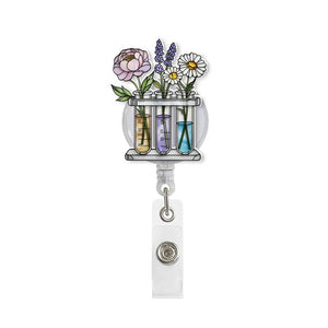 Floral Science Badge Reel, Test Tube Flowers Retractable ID Holder, Botanical Lab Tech Gift, Nurse Doctor Student Badge Clip, Spring Flowers