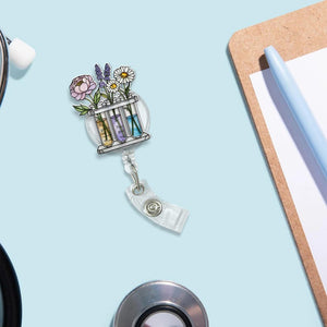 Floral Science Badge Reel, Test Tube Flowers Retractable ID Holder, Botanical Lab Tech Gift, Nurse Doctor Student Badge Clip, Spring Flowers