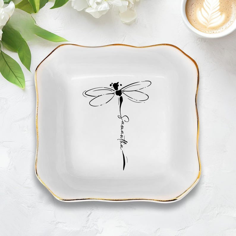 Personalized Dragonfly Jewelry Dish, Ring Tray for Women, Inspirational Gift for Her, Maid Of Honor Gift, Grandma Gift,Nature Lover Keepsake