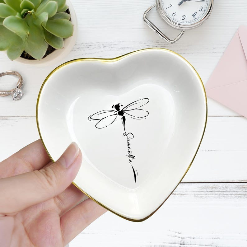 Personalized Dragonfly Jewelry Dish, Ring Tray for Women, Inspirational Gift for Her, Maid Of Honor Gift, Grandma Gift,Nature Lover Keepsake