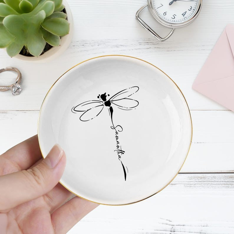Personalized Dragonfly Jewelry Dish, Ring Tray for Women, Inspirational Gift for Her, Maid Of Honor Gift, Grandma Gift,Nature Lover Keepsake