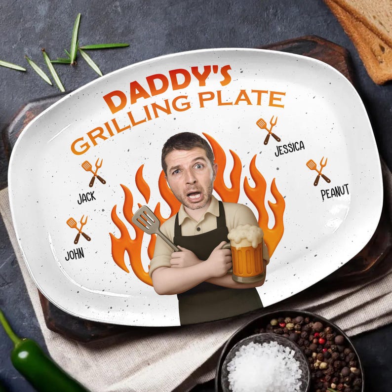 Personalized Face Grilling Platter, Custom Daddy's Grilling Plate with Kids' Names, Father's Day Gifts, Funny Gifts for Dad, Birthday Gifts