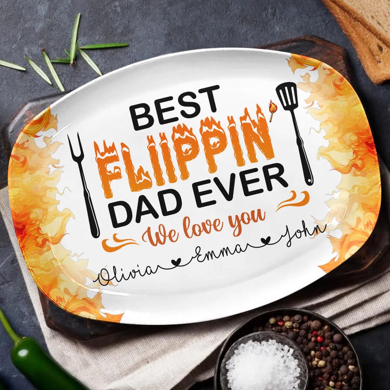 Custom Best Flippin' Dad Ever With Kids' Names, Personalized Grilling Platter For Daddy, Father's Day Gifts, Funny Gift for Dad, Platter BBQ