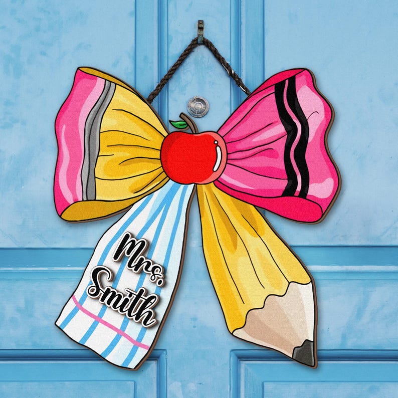 Custom Name Teacher Door Sign, Personalized Bow Tie Teacher Door Hanger, Back To School Classroom Welcome Wooden Sign, Teacher's Day Gifts