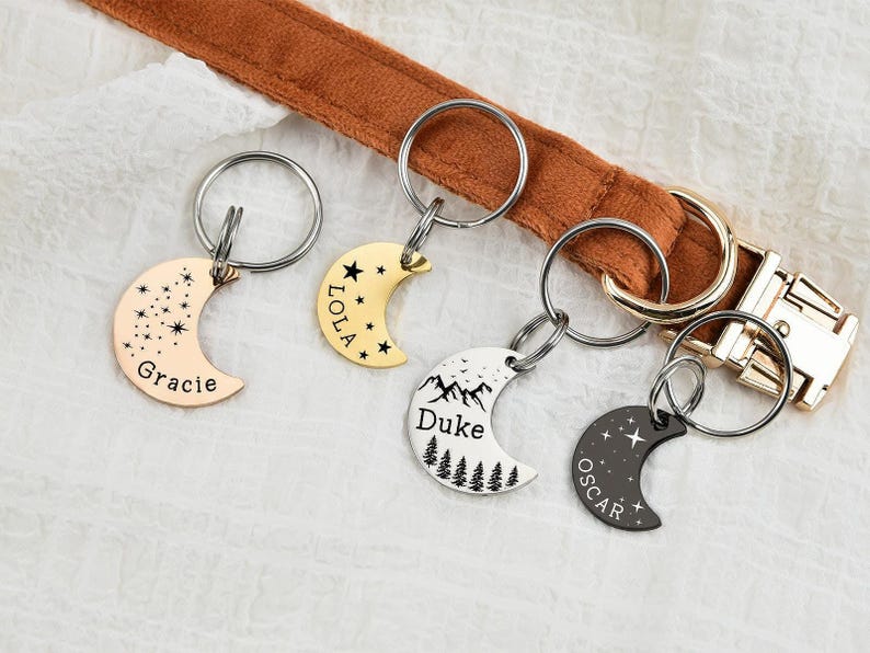 Personalized Moon Pet Tag: Custom Dog Cat ID Tag Personalized Pet Tag, Moon and Stars