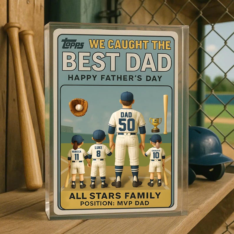 We Caught the Best Dad Vintage Baseball Trading Card Style Acrylic Block Personalized Father s Day Gift for Dad, Grandpa, or Husband