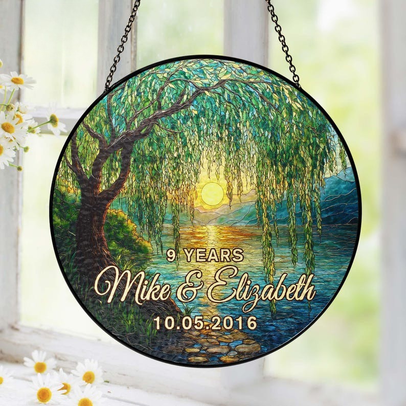 9th Anniversary Willow Stained Glass Suncatcher, Willow Tree 9 Year Anniversary Gift, 9th Anniversary Gift, Wedding Anniversary Gift For Her